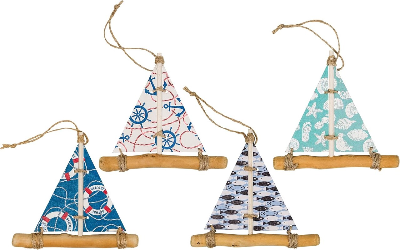 Driftwood Sailboat Ornaments for Summer Sail Boat Decor Nautical Beach Ornaments Set of 4 Pack